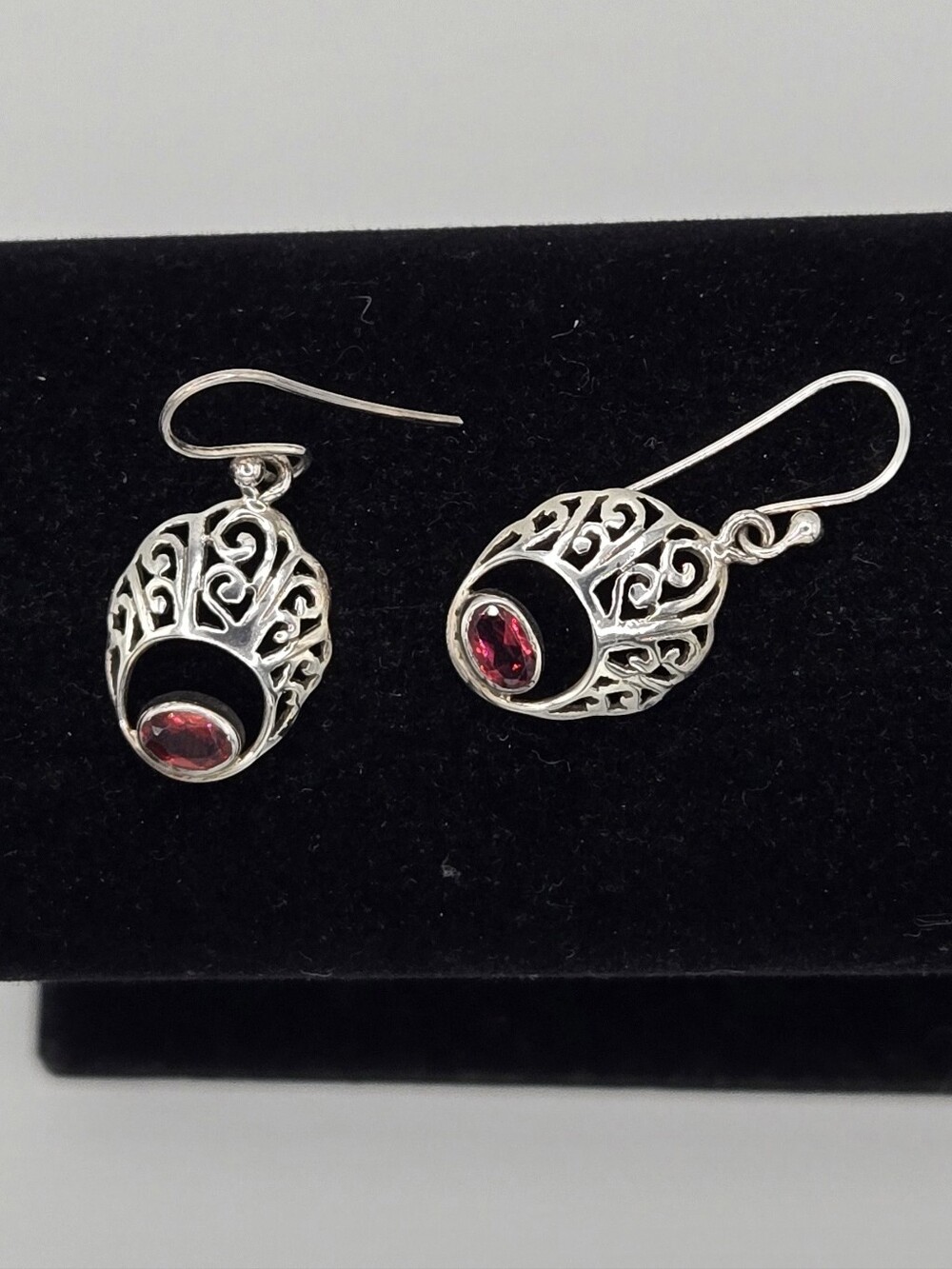 Sterling Silver Filigree Drop Earrings with Garnet Gemstones